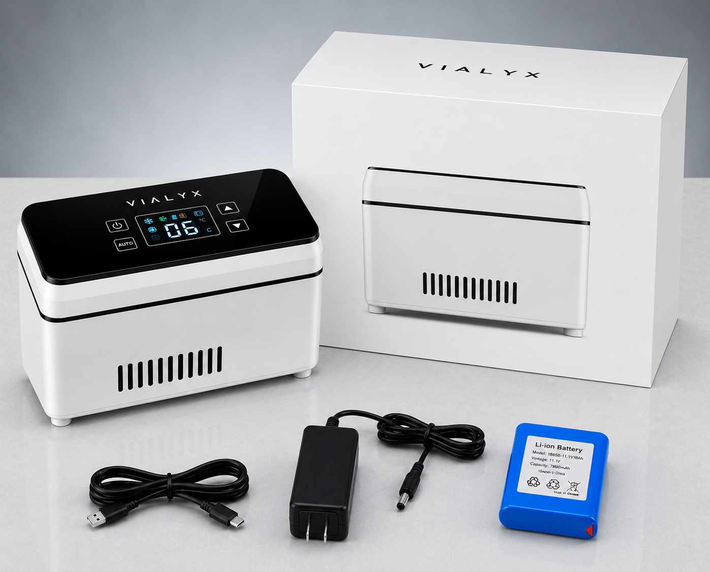 VIALYX cooler with packaging, power adapter and battery